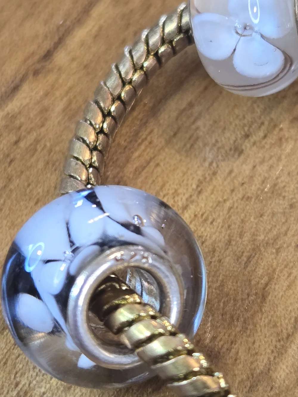 Gold-Tone Snake Chain Bracelet with 4 Genuine .925 Sterling Silver Glass Charms